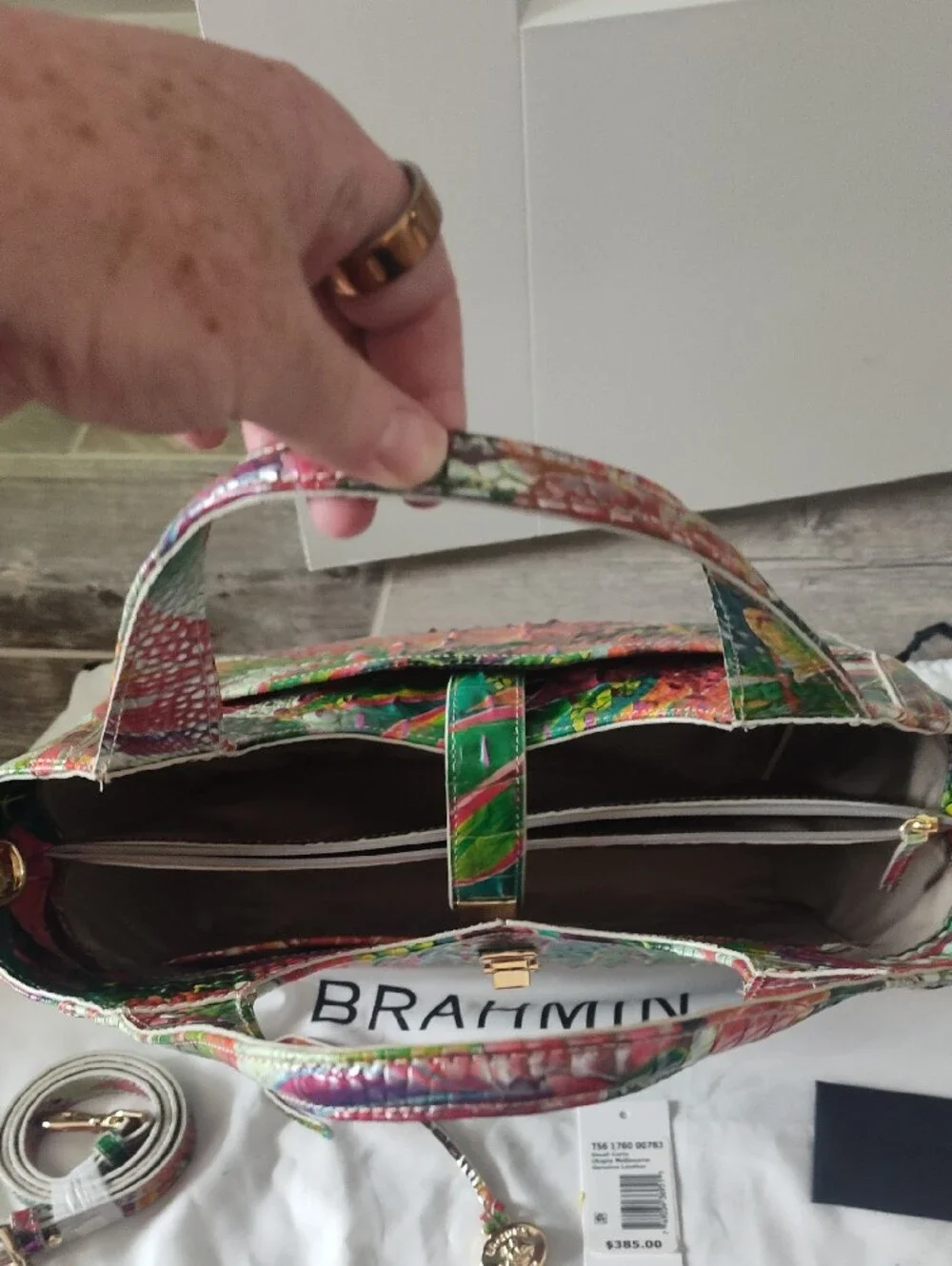 Brahmin Multicolor Floral Embossed Leather Shoulder Bag - Green, Pink, Orange
